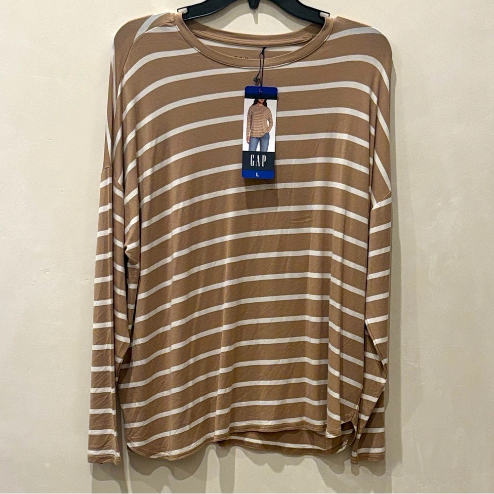 Gap NWT Striped Tan and White Women's Drop Shoulder Top Size Large - Picture 6 of 7